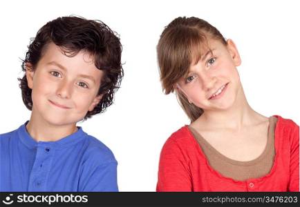 Teenage girl and little boy isolated on white background