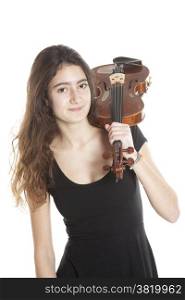 teenage girl and violin in studio with white background