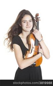teenage girl and violin in studio with white background