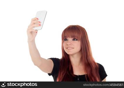 Teenage girl dressed in black getting a photo with the mobile isolated on white background