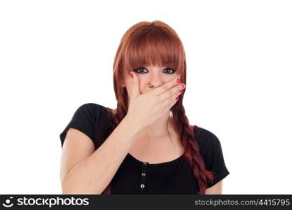 Teenage girl dressed in black with a piercing covering her mouth isolated on white background