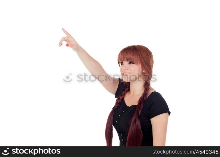 Teenage girl dressed in black with a piercing in the nose indicating something isolated on white background