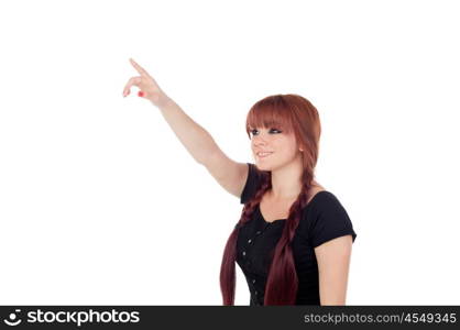 Teenage girl dressed in black with a piercing in the nose indicating something isolated on white background