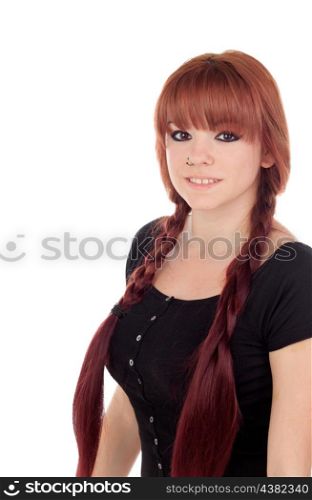 Teenage girl dressed in black with a piercing in the nose isolated on white background