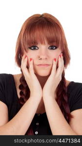 Teenage girl dressed in black with a piercing isolated on white background