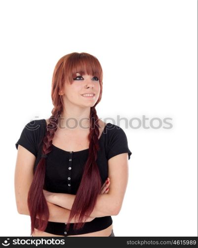 Teenage girl dressed in black with a piercing isolated on white background