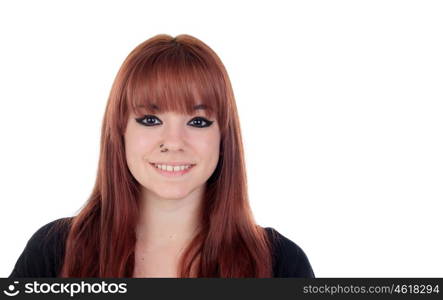 Teenage girl dressed in black with a piercing isolated on white background