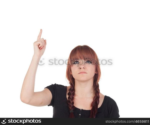 Teenage girl dressed in black with a piercing looking up isolated on white background
