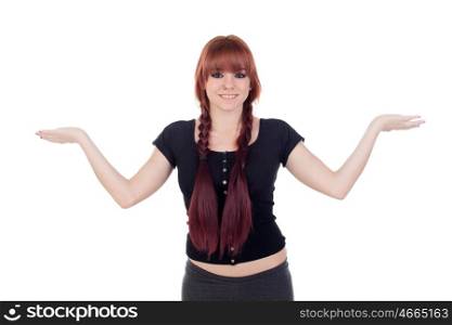 Teenage girl dressed in black with a piercing outstretched arms isolated on white background