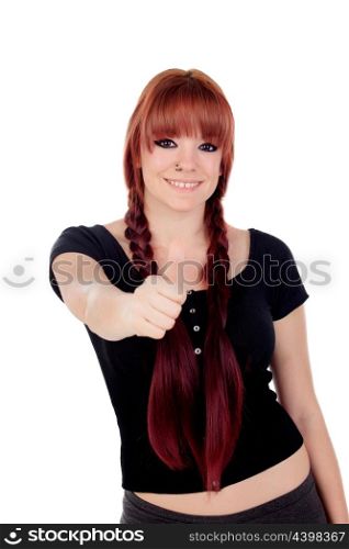 Teenage girl dressed in black with a piercing saying Ok in the nose indicating something isolated on white background