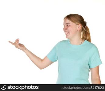 teenage girl gesturing and pointing to copyspace