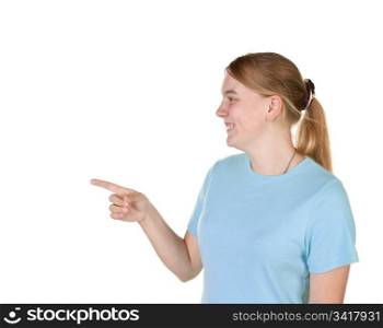 teenage girl pointing isolated on white background