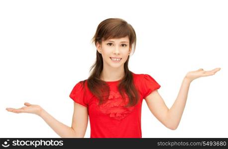 teenage girl showing something on the palms of her hands