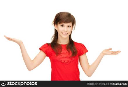 teenage girl showing something on the palms of her hands