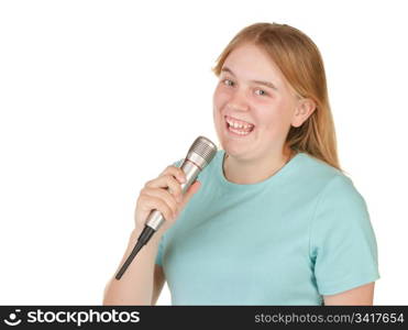 teenage girl singing isolated on white background