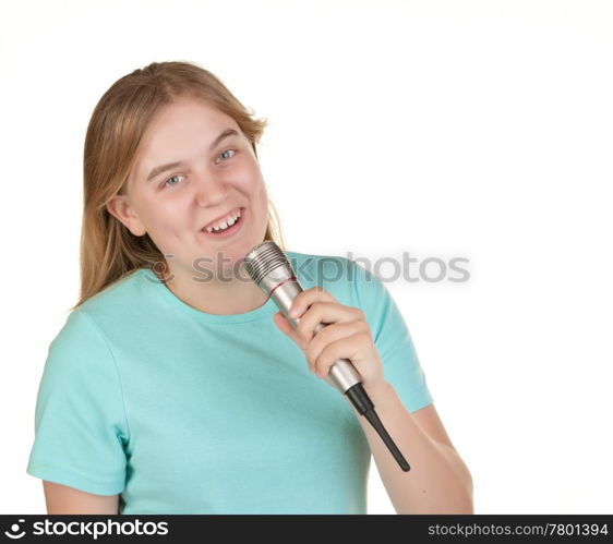 teenage girl singing karaoke isolated on white