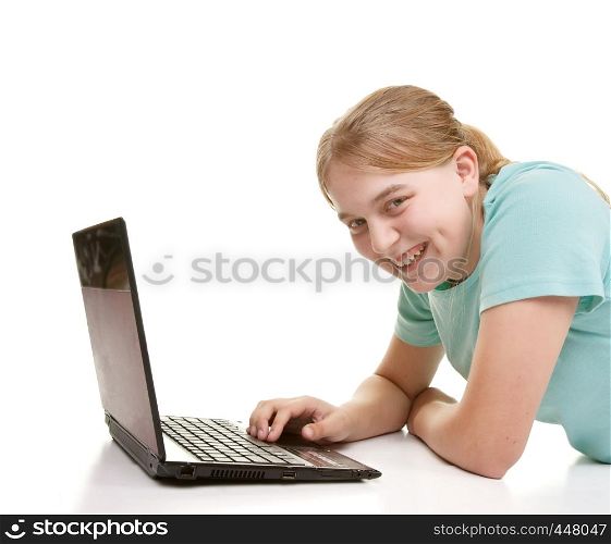 teenage girl using laptop isolated on white