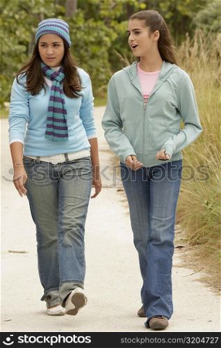 Teenage girl walking with a girl and talking