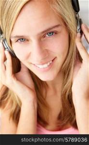 Teenage girl wearing headphones