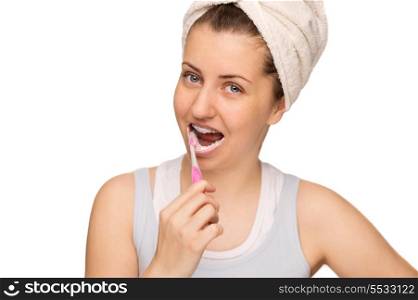 Teenage girl with braces brushing teeth morning hygiene isolated