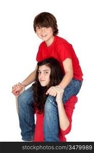 Teenage girl with little boy on her shoulders isolated on white background