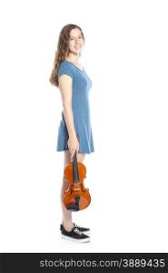 teenage girl with violin in studio against white background