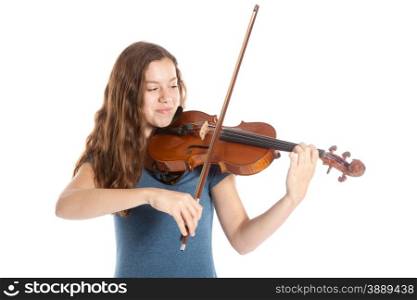 teenage girl with violin in studio against white background