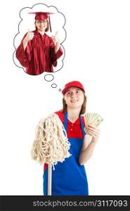 Teenage girl works manual labor job to save money for college. Isolated on white.