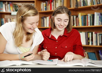 Teenage girls in the school library, doing their homework.