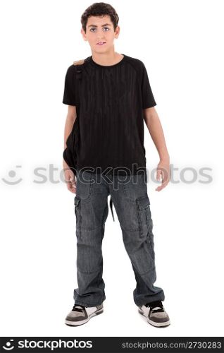 teenage school boy standing on isolated white background
