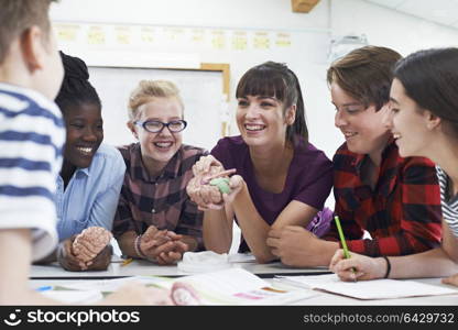 Teenage Students With Teacher In Biology Class