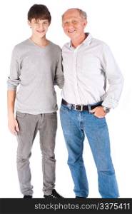 Teenager and grandfather isolated on white background.