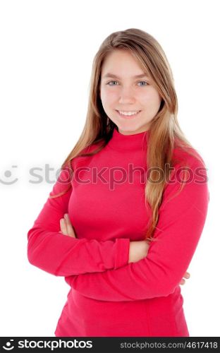 Teenager blonde girl in red isolated on a white background