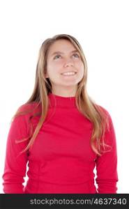 Teenager blonde girl in red isolated on a white background
