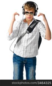 teenager boy is listening for music on white background