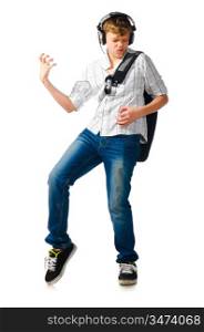 teenager boy is listening for music on white background