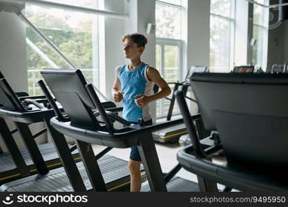 Teenager boy running doing cardio exercise on treadmill machine at sports gym. Childhood, strength training and fitness concept. Teenager boy running exercising on treadmill machine at sports gym
