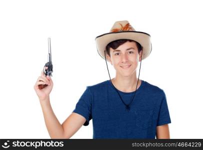 Teenager boy with a cowboy hat and a gun isolated on white background