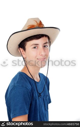 Teenager boy with a cowboy hat isolated on a white background