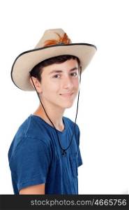 Teenager boy with a cowboy hat isolated on a white background