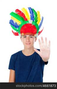 Teenager boy with indians feather with many colors isolated on a white background