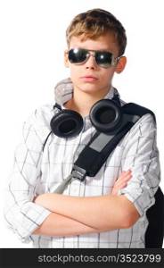 teenager boy with sunglasses and headphones on white background