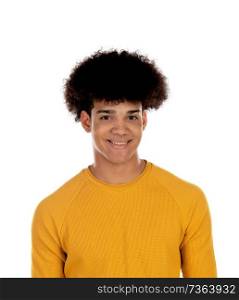 Teenager boy with yellow t-shirt isolated on a white background