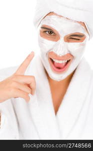 Teenager facial mask - happy woman on white background