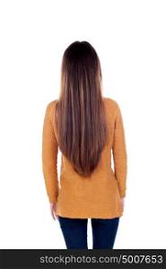 Teenager girl back with long hair isolated on a white background