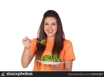 Teenager girl eating vegetables isolated on white background