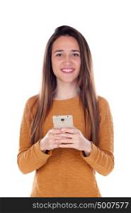 Teenager girl holding a mobile isolated on a white background
