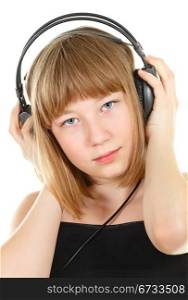 teenager girl in headphones, isolated on white