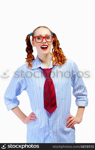 Teenager girl in red glasses. Teenager girl with pigtails in red glasses