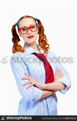 Teenager girl in red glasses. Teenager girl with pigtails in red glasses